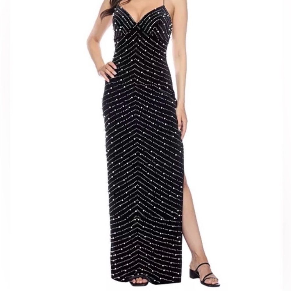 B Darlin Black and White Striped Maxi Dress